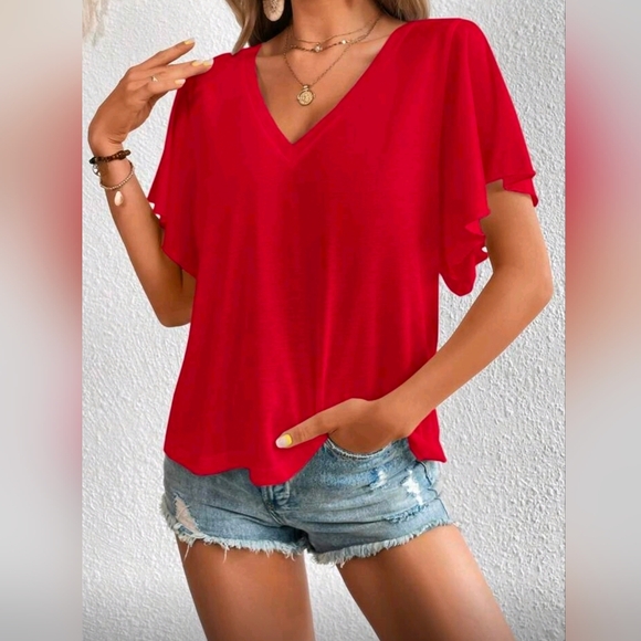 New Chic Casual V Neck Flutter Sleeve Tee Shirt Red - Picture 3 of 8